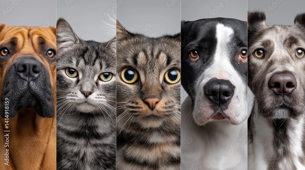Expressions of various pets featuring a collection of isolated animal faces showcasing different emotions