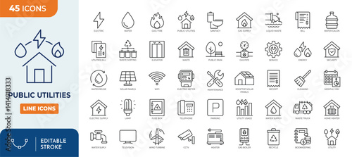 Public utilities line editable icon set. Contains icons related to public utilities, Gas, electricity, water, heating, and more. Editable stroke. Vector illustration