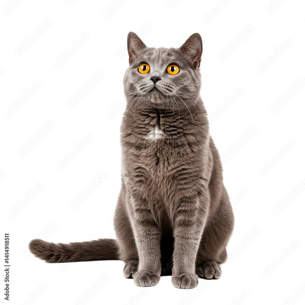 Fototapeta premium Grey British Shorthair cat sitting attentively, looking up with bright orange eyes, isolated on white background. Poised domestic pet showing curiosity. This attentive feline is perfect for pet