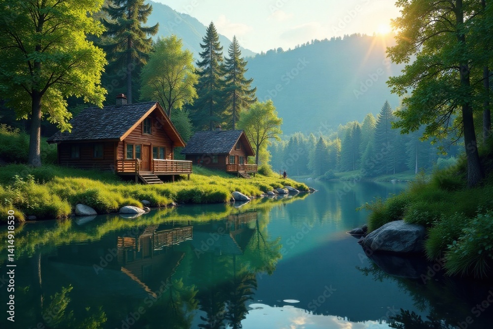Fototapeta premium Serene Lakeside Cabins Nestled Amongst Lush Green Foliage and Tranquil Waters at Sunrise