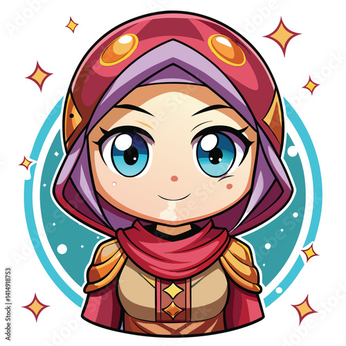 Cute anime female character with hood and ornate armor