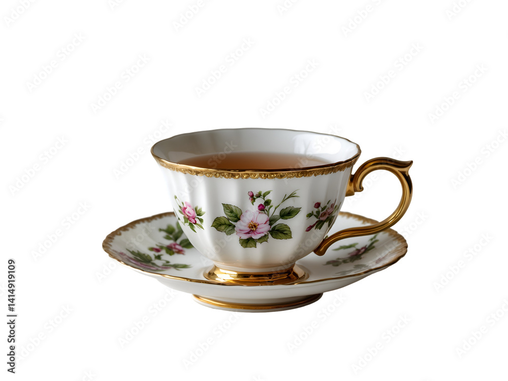 Exquisite China, A Delicate Teacup with Gold Rim, Adorned with Floral Designs, Evoking a Sense of Refinement and Timeless Beauty on Isolated Ambience
