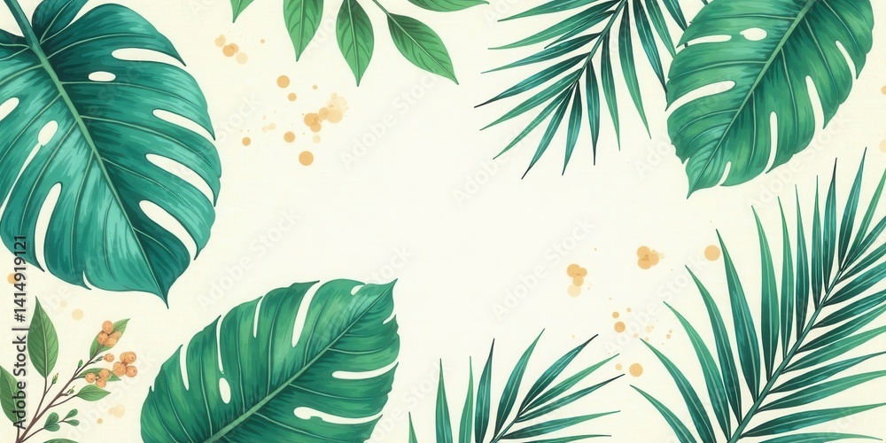 Fototapeta premium Tropical Leaf Design Featuring Lush Greenery and Delicate Floral Accents, Ideal for Summer Invitations or Decorative Purposes