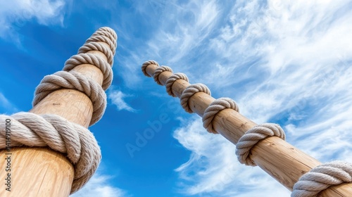 Abstract spiral columns reaching skyward textured beige columns against blue sky and clouds