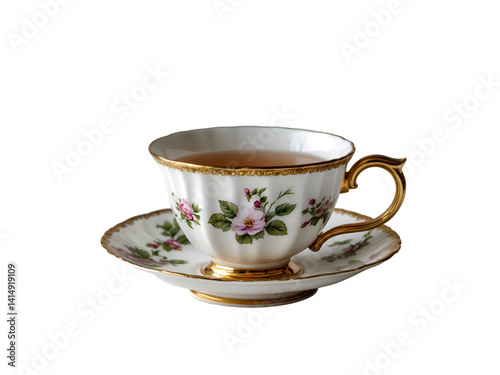 Obraz na płótnie Exquisite China, A Delicate Teacup with Gold Rim, Adorned with Floral Designs, Evoking a Sense of Refinement and Timeless Beauty on Isolated Ambience w salonie