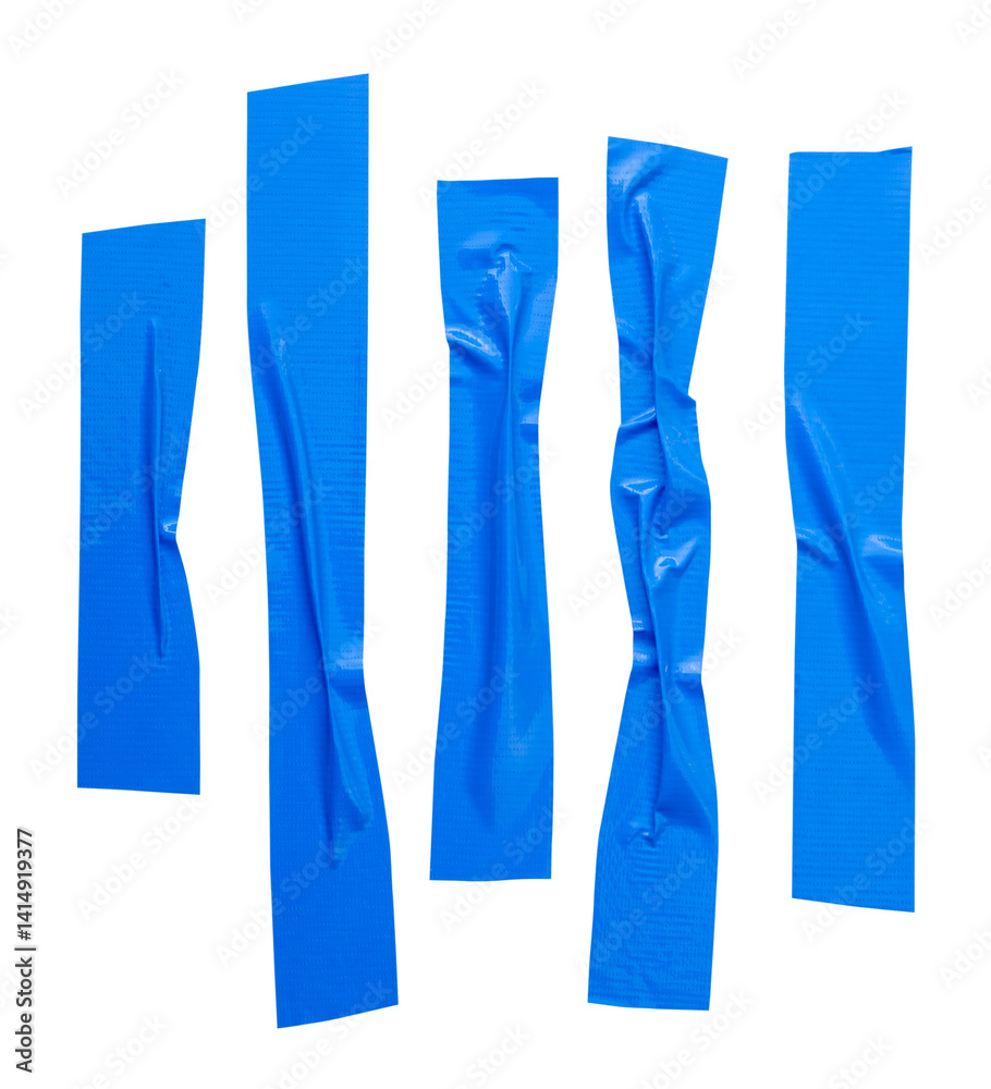 Top view set of wrinkled or crumpled blue adhesive vinyl tape or cloth tape in stripe shape isolated on white background with clipping path Top view set of wrinkled or crumpled blue adhesive vinyl tape or cloth tape in stripe shape isolated on white background with clipping path