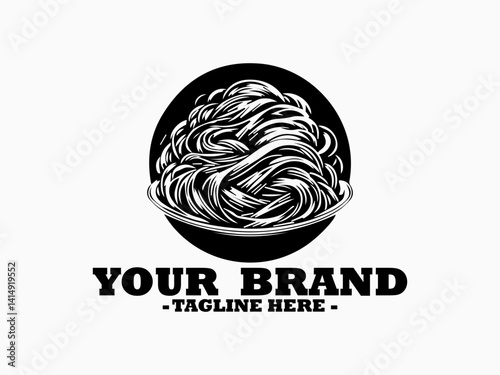 Minimalist line drawing of a tangled portion of long spaghetti noodles presented on a round shallow plate. spaghetti food concept, spaghetti food illustration vector and spaghetti logo design