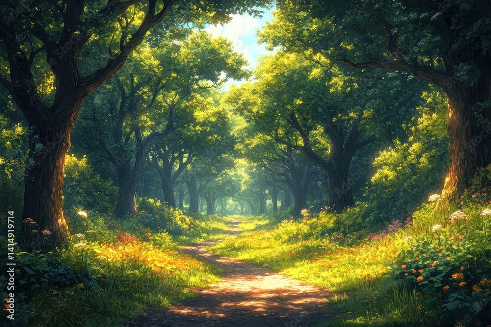 Serene forest pathway illuminated by sunlight with vibrant flowers in a tranquil outdoor setting Serene forest pathway illuminated by sunlight with vibrant flowers in a tranquil outdoor setting