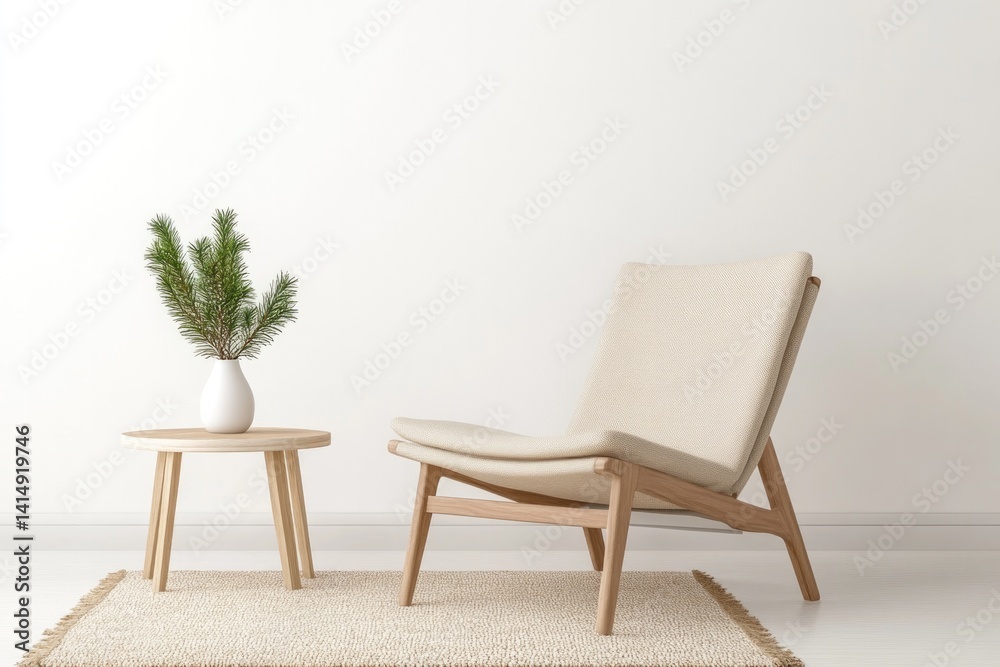 Obraz premium Minimalist interior features elegant chair, wooden table, and po