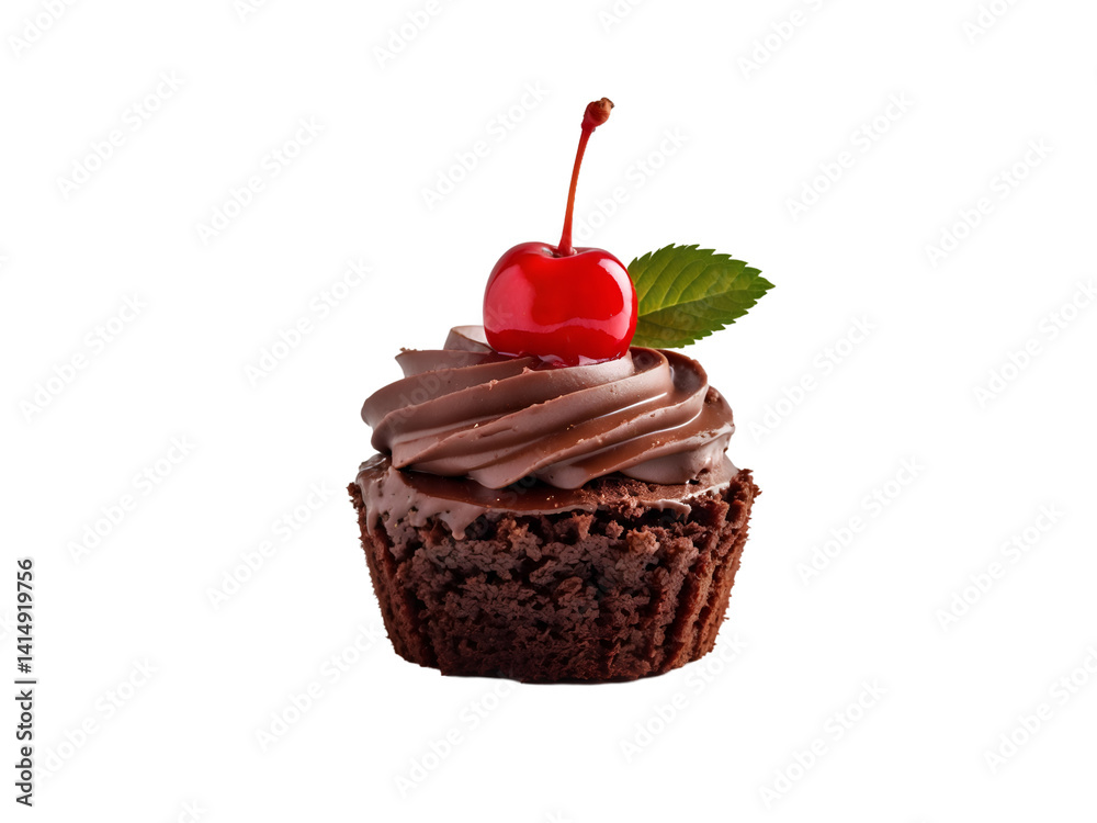 Exquisite Mini Chocolate Cake, A Decadent Treat Featuring Rich Chocolate Frosting and a Juicy Cherry Isolated for Culinary Art and Delicious Dessert Imagery