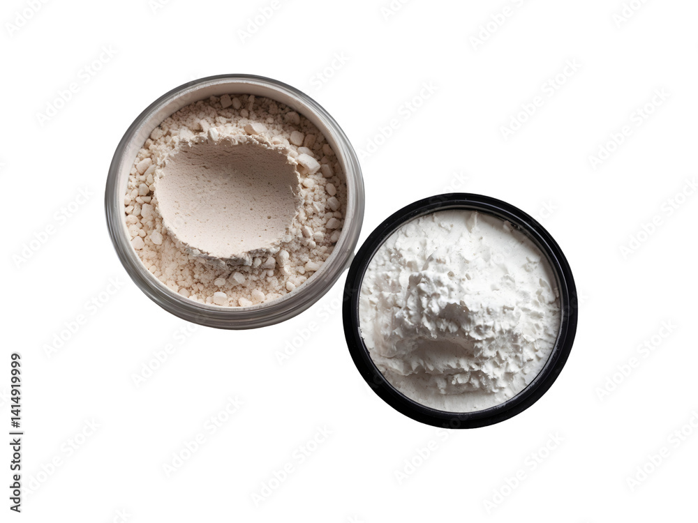 Elevated view of two open cosmetic containers filled with powder, showcasing textures and tones on a plain background for beauty and makeup concepts