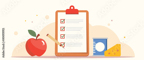 Food inspector's checklist with vibrant food items on minimalist background, quality assurance