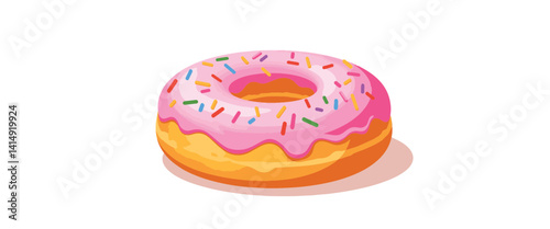 Colorful pink frosted donut on white background, dessert delight
