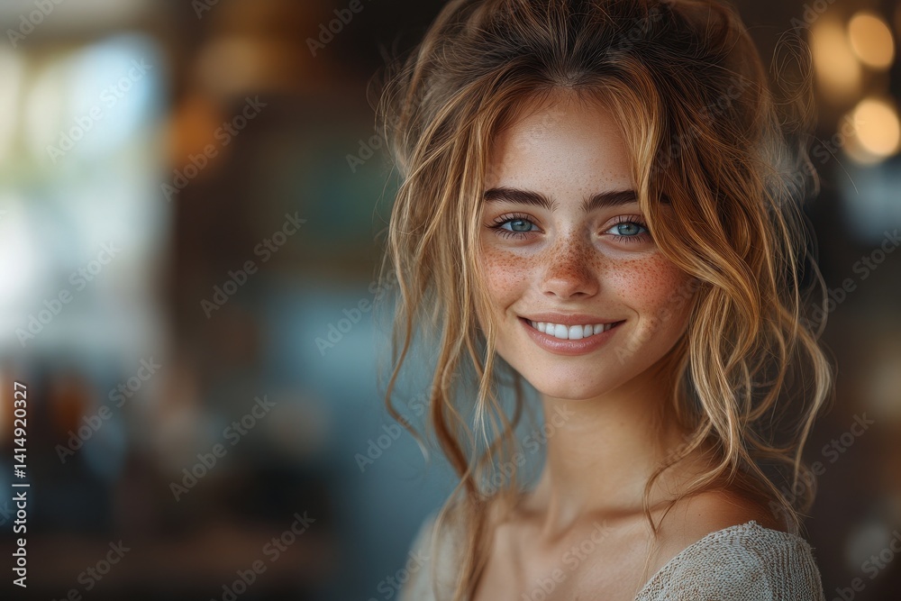 Fototapeta premium Smiling young woman with natural beauty in a cozy indoor setting during golden hour