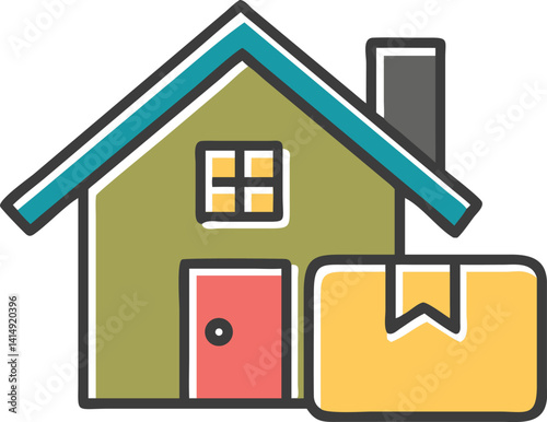 House Icon with Cardboard Box Isolated on White Background, Simple Flat Design