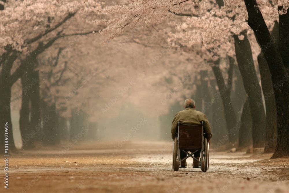 Obraz premium An elderly man in a wheelchair is seen on a serene path lined with cherry blossom trees, creating a peaceful and nostalgic atmosphere.
