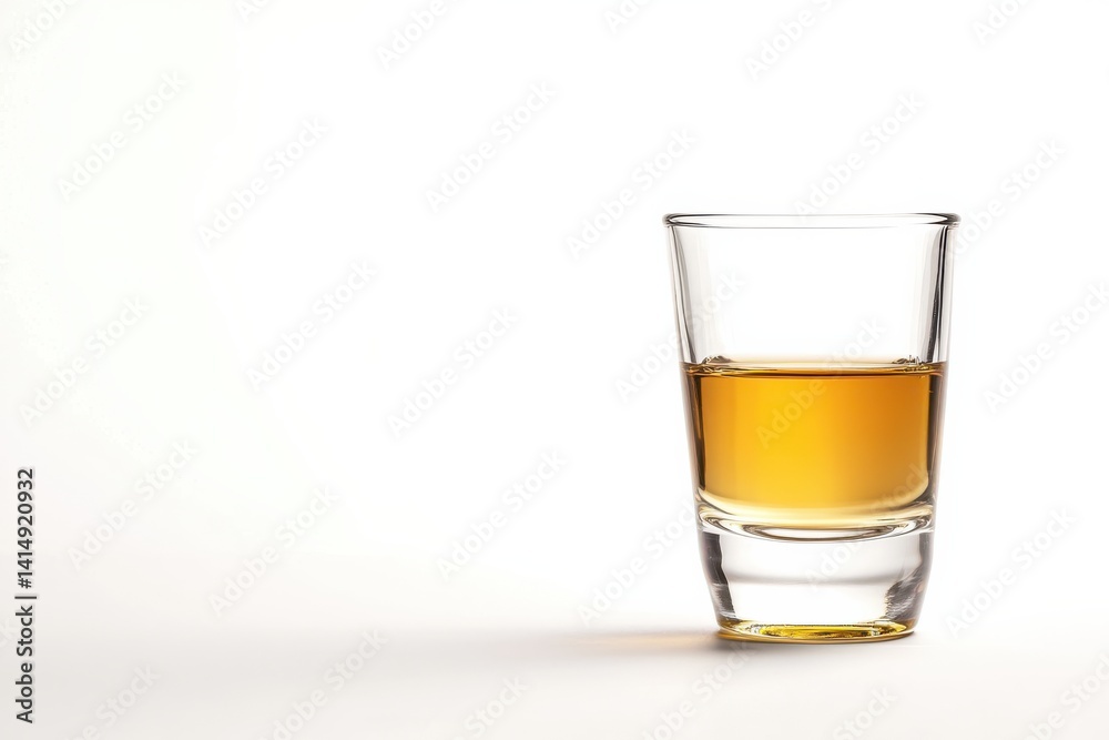 Golden drink in a clear glass on a simple white surface during a quiet evening Golden drink in a clear glass on a simple white surface during a quiet evening