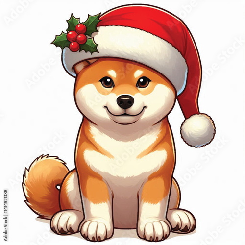 Christmas Shiba Inu Dog wearing santa claus hat Cartoon Vector Illustration isolated
