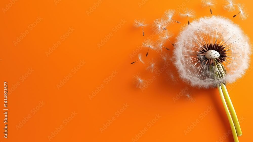 White dandelion releasing seeds against a vibrant orange background with space for text
