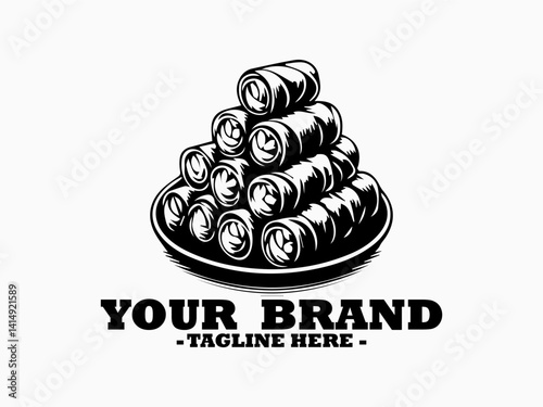 drawing of a stack of several cylindrical spring rolls arranged on a round serving plate. lumpia food concept, lumpia indonesian traditional food outline, spring rolls line art, lumpia logo vector