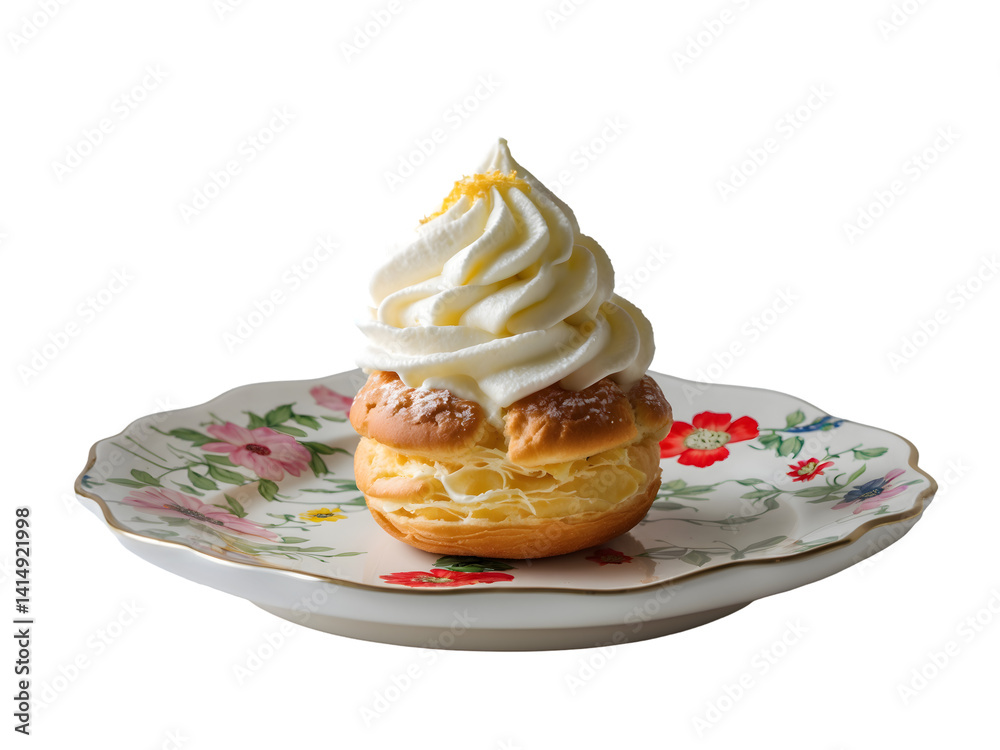 Exquisite Vanilla Cream Puff Delight, A Decadent Treat on a Floral Plate, isolated to accentuate its creamy vanilla filling and delicate floral-patterned ceramic plate