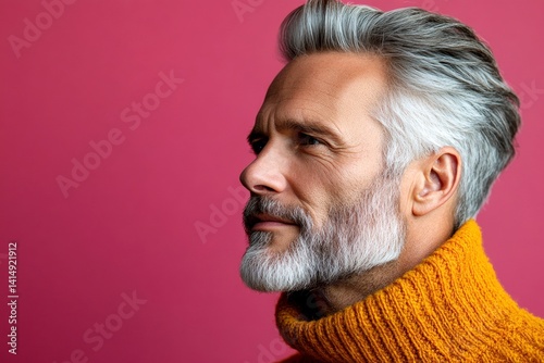 Idea of style for aging men. A cheerful and glowing gentleman with a relaxed demeanor. Pink solid background. Trendy men's ivy league haircut - midlife white man with hair.