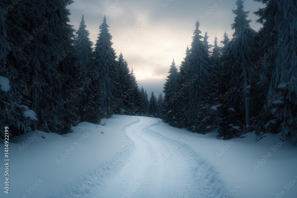 Fototapeta premium Winding snowy path through dark evergreen trees under moody sky