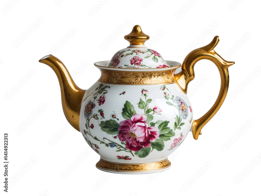 Exquisite Vintage Porcelain Teapot Adorned with Intricate Floral Patterns and Gilded Accents, Evoking a Sense of Timeless Elegance and Refined Aesthetics