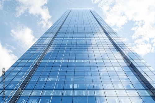 Tall glass skyscraper in upward perspective with reflective windows  photorealistic style  blue sky background  concept of modern architecture. Ai generative