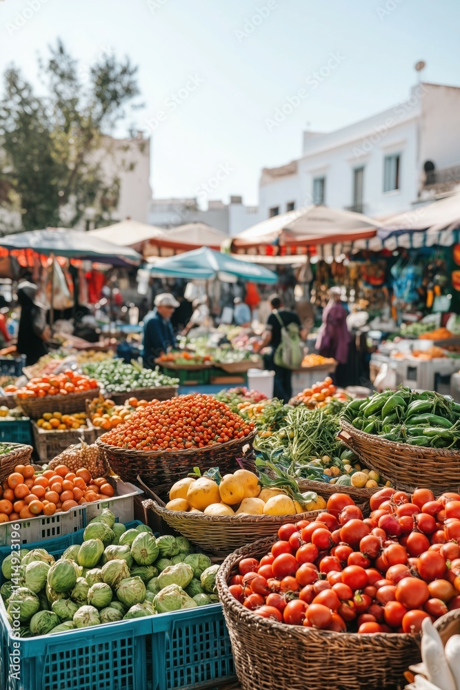 Obraz premium A lively scene at a bustling local farmers' market with colorful stalls brimming with fresh produce, baskets of fruits and vegetables.