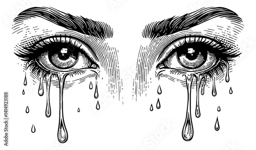 Detailed Engraving Style Drawing of Pair of Crying Eyes with Tears Streaming Down
