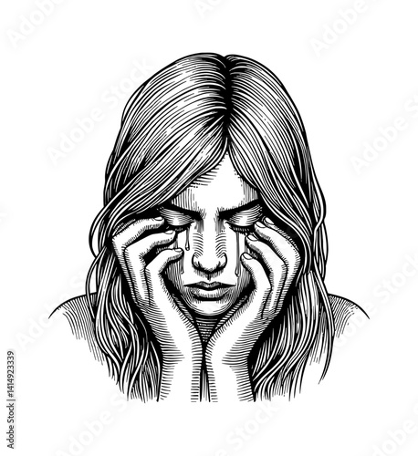 Distressed Woman Crying with Hands on Face in Detailed Black and White Engraving Style Illustration