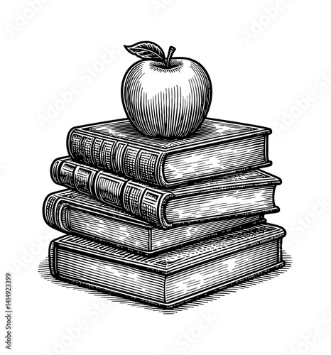 Stack of Books with Apple on Top Detailed Black and White Engraving Style