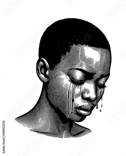 Engraved Portrait of a Person with Downcast Eyes Shedding Tears in Black and White