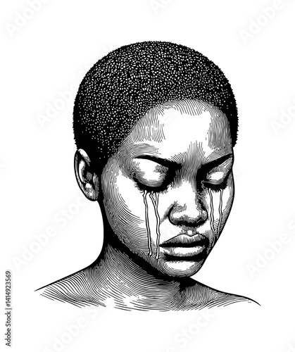 Engraved Portrait of a Sad Woman Crying, Showing Tears on Face with Closed Eyes