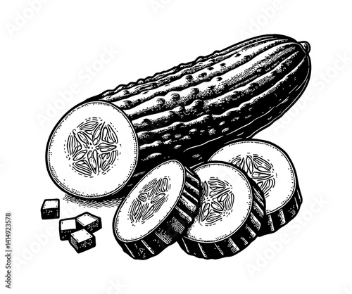 Engraved Style Illustration of a Fresh Cucumber with Sliced Pieces on White Background