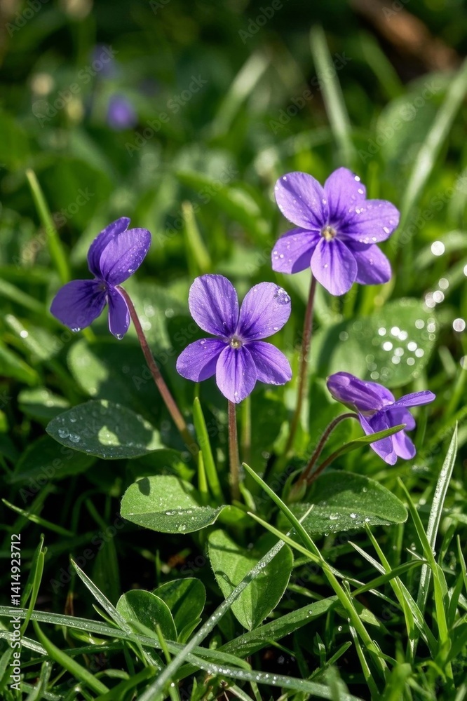 purple flowers in the grass with water droplets on them purple flowers in the grass with water droplets on them