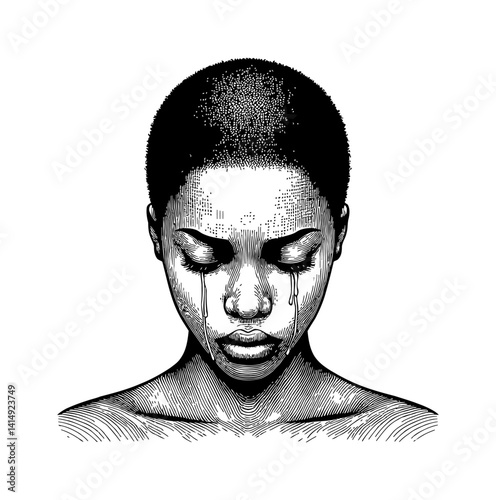 Engraved Portrait of a Crying Woman with Closed Eyes and Tears Flowing Down Her Face in Black and White
