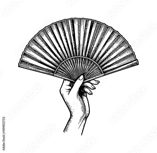 Hand Holding a Folding Fan in Detailed Vintage Engraving Style Black and White Illustration
