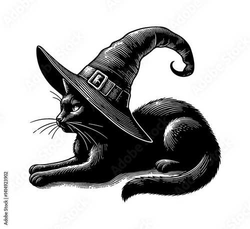 Black cat with a witch hat lying down illustration engraving style for Halloween