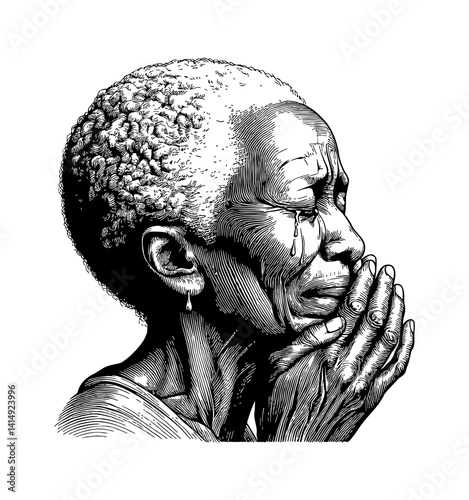 Engraved Illustration of a Sad Woman Crying with Her Hands Clasped in Prayer on Side View