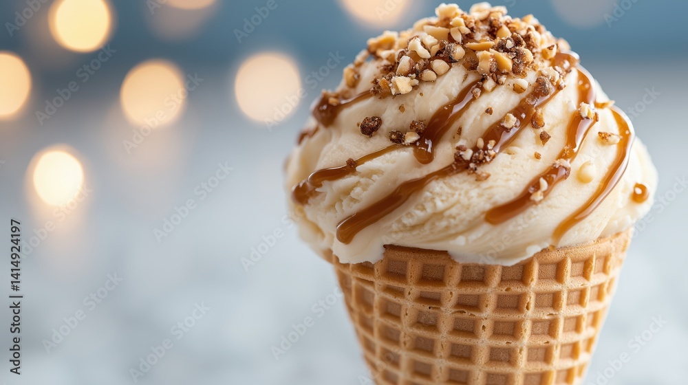 Indulgent caramel gelato swirled in a waffle cone with crushed nuts on top for a delightful treat