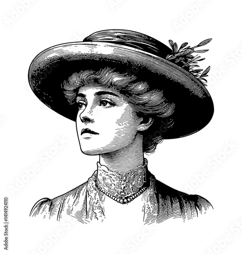 Elegant Woman with Hat in Black and White Engraving Style Portrait with Classic Outfit