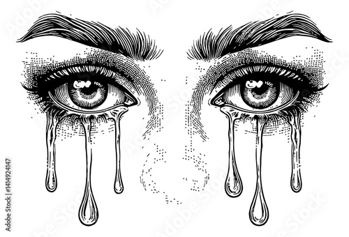 Detailed Engraving Art of Crying Eyes with Tears Dropping Down in Black and White