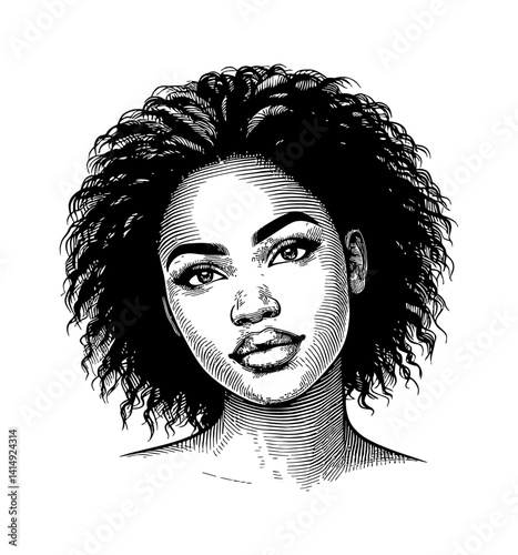 Portrait of a beautiful young woman with curly hair in black and white engrave style