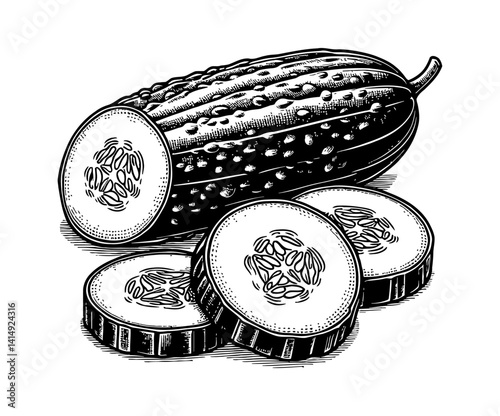 Cucumber and Slices Illustration in Detailed Black and White Engraving Style, Fresh and Healthy