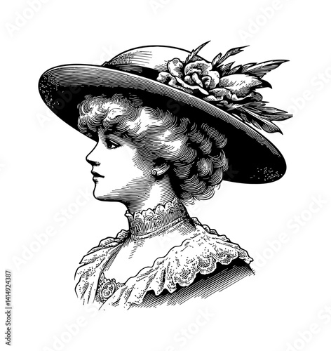Elegant Woman in Hat Detailed Engraving Illustration Side View Portrait, Vintage Fashion