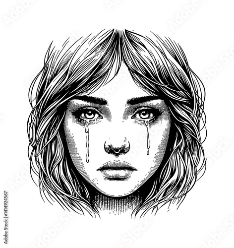 Close-up Portrait of a Crying Woman with Tears in Detailed Black and White Engraving Style