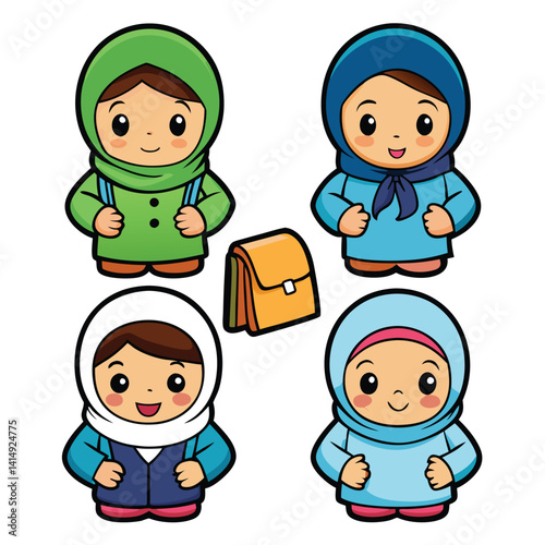 Cartoon girls in headscarves with backpacks
