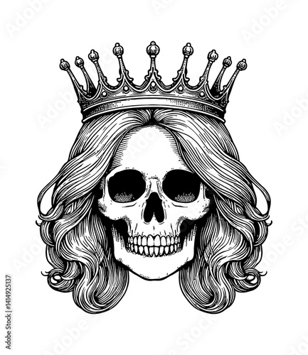 Skull Wearing Crown with Long Wavy Hair in Detailed Black and White Vintage Engraving Style